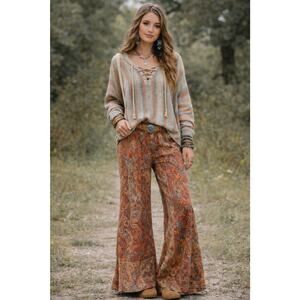 Hem & Thread Women’s Open Knit Hoodie Sweater Lace Up Large Baja Boho Hippie